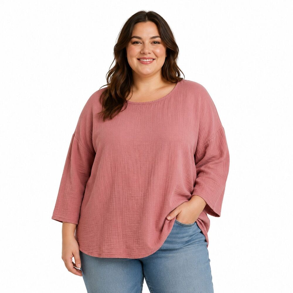 Coldwater Creek Tunic Blouse Womens XL Pink Scoop Neck 3/4 Sleeve Gauze Top